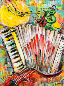 Poster Art for Gator by the Bay 2015 by Cheryl Ehlers. Highlighting the great music and fun atmosphere of the festival. It shows an Accordion and fiddle two of the standard instruments of Cajun and Zydeco music. It also shows a Gator playing a Saxophone whitch is a classic Blue Instrument and the logo of Gator by the Bay